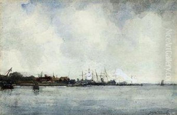 Moored Boats In A Harbour Oil Painting by Johann Hendrik Van Mastenbroek