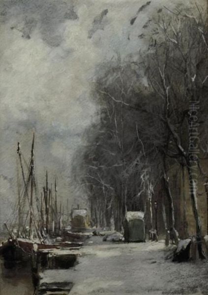 A Quay In Winter Oil Painting by Johann Hendrik Van Mastenbroek