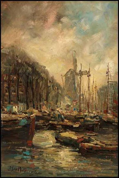 Canal Scene Oil Painting by Johann Hendrik Van Mastenbroek