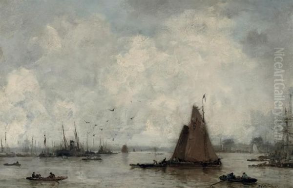 Activity In The Harbour Oil Painting by Johann Hendrik Van Mastenbroek