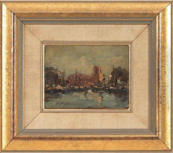 Harbor Scene Oil Painting by Johann Hendrik Van Mastenbroek