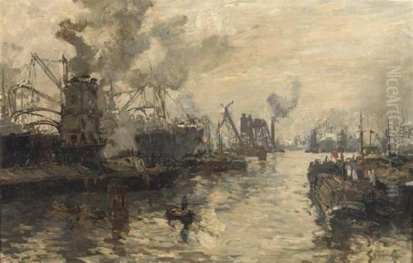 Graan Elevators Aan Het Werk: The Busy Rijnhaven, Rotterdam Oil Painting by Johann Hendrik Van Mastenbroek