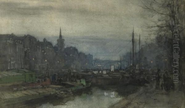 A Canal In Rotterdam At Dusk Oil Painting by Johann Hendrik Van Mastenbroek