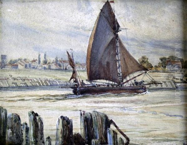 Sailing Barge On A Waterway Oil Painting by Johann Hendrik Van Mastenbroek