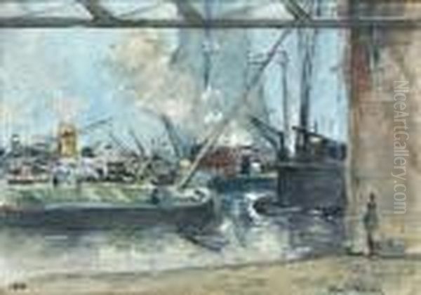 Rotterdamse Haven Met Graanelevator Oil Painting by Johann Hendrik Van Mastenbroek