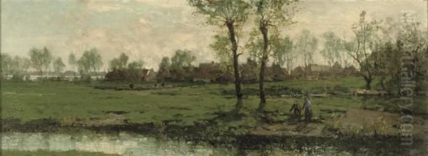 De Twee Boomen Aan De Oude Werf: On The Riverside Oil Painting by Johann Hendrik Van Mastenbroek