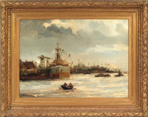 Harbor Scene Oil Painting by Johann Hendrik Van Mastenbroek