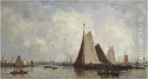 Bateaux Sur La Meuse Devant Rotterdam (shipping On The Maas,rotterdam) Oil Painting by Johann Hendrik Van Mastenbroek