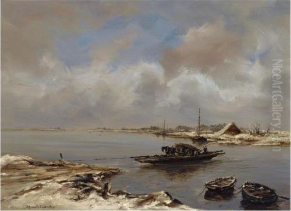 'le Bac' (the Ferry) Oil Painting by Johann Hendrik Van Mastenbroek