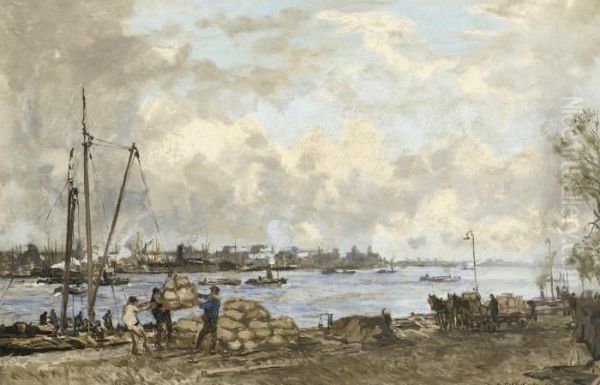 Lossen Aan De Willemskade Te Rotterdam: Unloading The Cargo Oil Painting by Johann Hendrik Van Mastenbroek