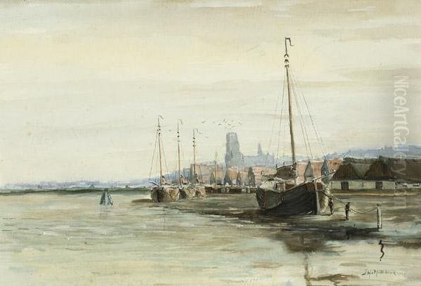 View Of The Harbour Ofdordrecht Oil Painting by Johann Hendrik Van Mastenbroek