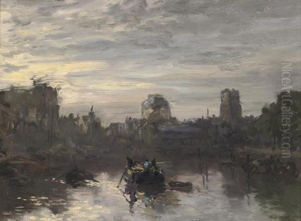 Avond Schemering: Dusk Over The Leuvehaven, Rotterdam Oil Painting by Johann Hendrik Van Mastenbroek