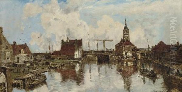 Haven Te Hindeloopen: The Harbour In Summer Oil Painting by Johann Hendrik Van Mastenbroek