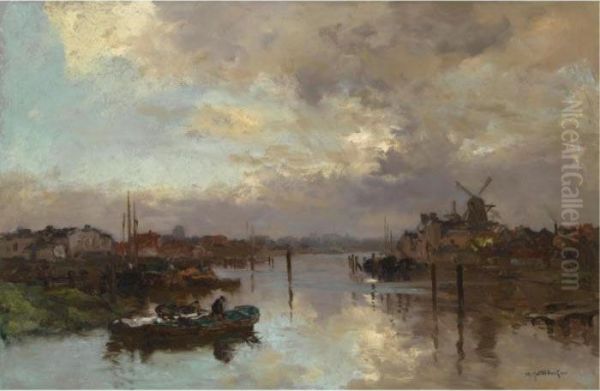 Sunset, Rotterdam Oil Painting by Johann Hendrik Van Mastenbroek