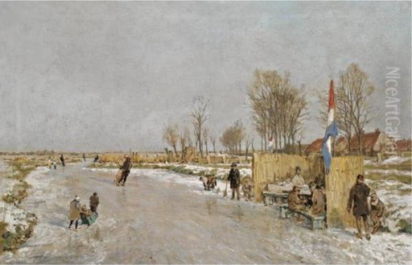 'ijsvreugde Op Holland's Vaarten' (winter Fun On A Dutch Canal) Oil Painting by Johann Hendrik Van Mastenbroek