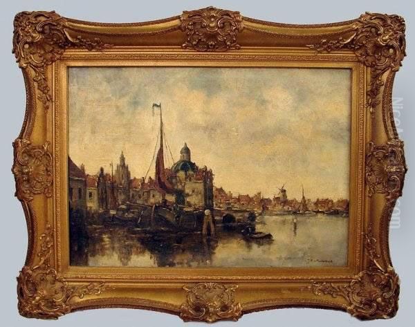 Port Scene With Windmill In Background Oil Painting by Johann Hendrik Van Mastenbroek