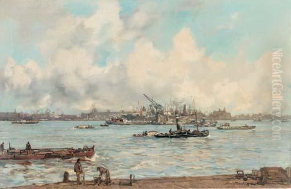 De Maas Bij Den Willemskade: A Busy Day On The River, Rotterdam Oil Painting by Johann Hendrik Van Mastenbroek