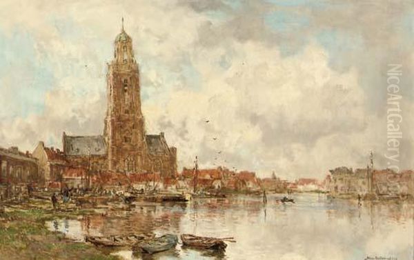 Canal At Maassluis Oil Painting by Johann Hendrik Van Mastenbroek