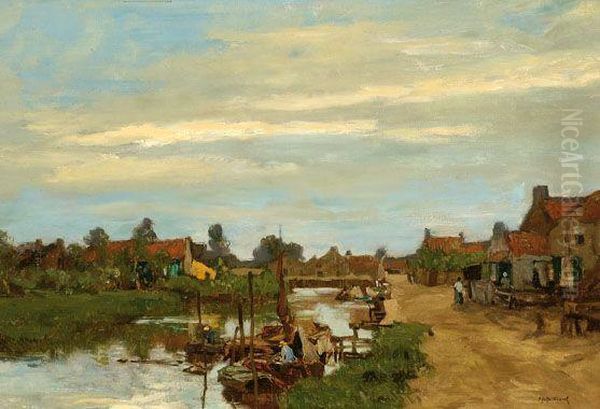 Houses On A River Oil Painting by Johann Hendrik Van Mastenbroek