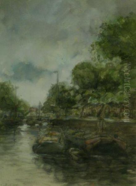 Dutch Canal Scene Oil Painting by Johann Hendrik Van Mastenbroek