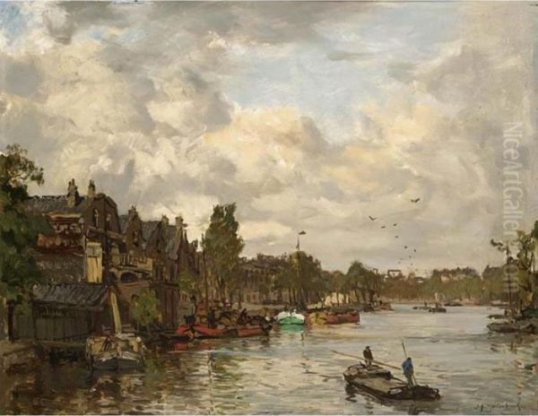 Barges On A Canal, Rotterdam Oil Painting by Johann Hendrik Van Mastenbroek