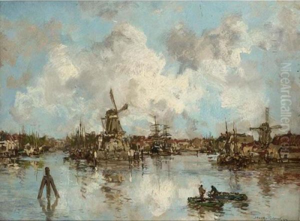 A View Of A Harbour In A Dutch Town Oil Painting by Johann Hendrik Van Mastenbroek