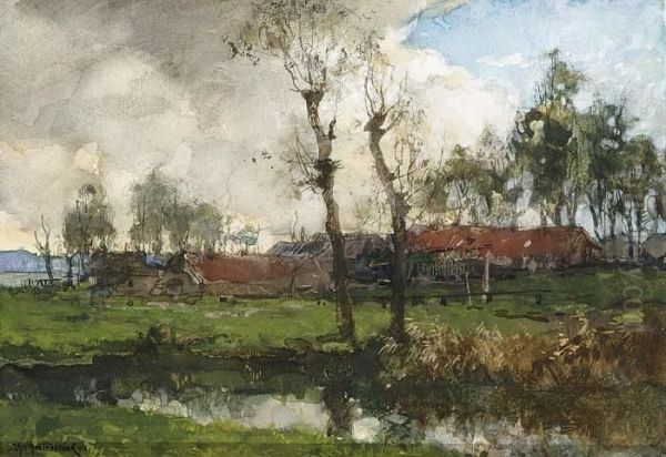 Farmhouses In A Landscape Oil Painting by Johann Hendrik Van Mastenbroek