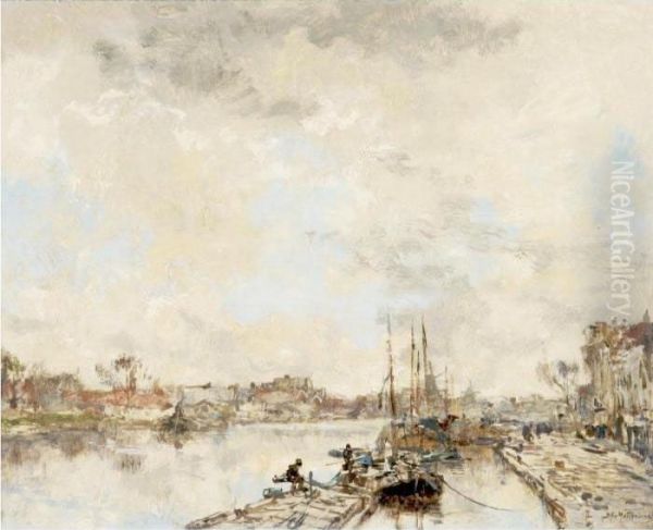 Barges On The River Oil Painting by Johann Hendrik Van Mastenbroek