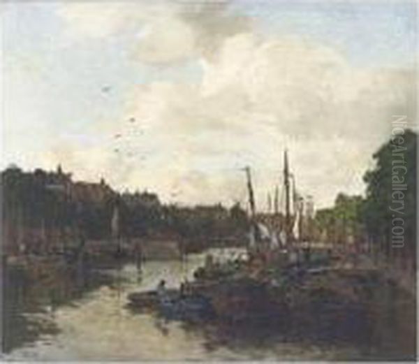 A Harbourscene Oil Painting by Johann Hendrik Van Mastenbroek