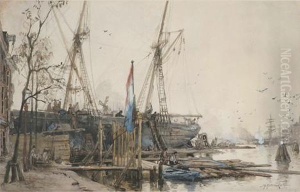 A Busy Dutch Harbor Oil Painting by Johann Hendrik Van Mastenbroek