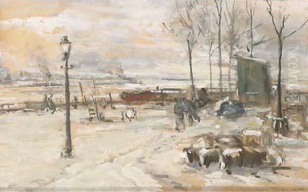 A View Of The Willemskade In Winter, Rotterdam Oil Painting by Johann Hendrik Van Mastenbroek