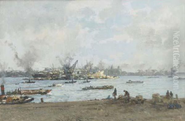 De Maas Bij De Willemskade: Maas River, Rotterdam Oil Painting by Johann Hendrik Van Mastenbroek