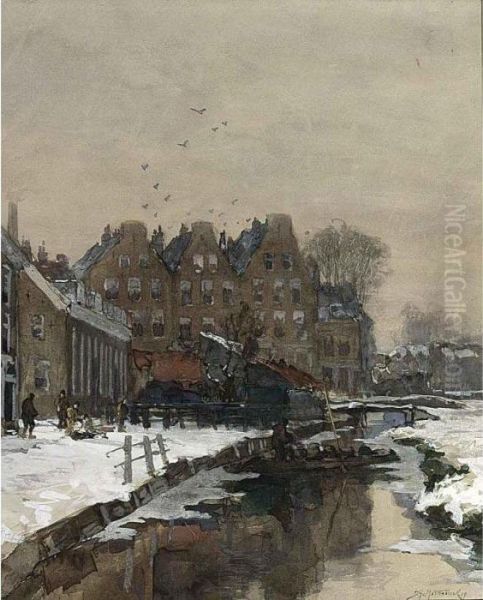 A Canal Scene In Winter Oil Painting by Johann Hendrik Van Mastenbroek