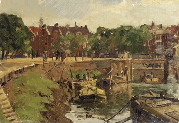 Werkzaamheden Aan De Gracht - Een Buiten Studie Oil Painting by Johann Hendrik Van Mastenbroek