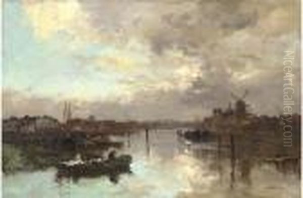 A Rotterdam Sunset Oil Painting by Johann Hendrik Van Mastenbroek