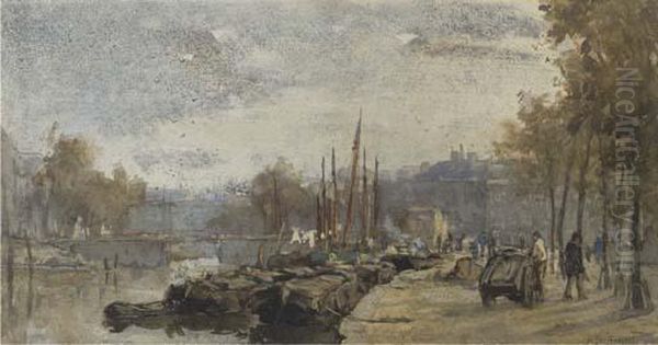 Barges Along A Quay In A City Oil Painting by Johann Hendrik Van Mastenbroek