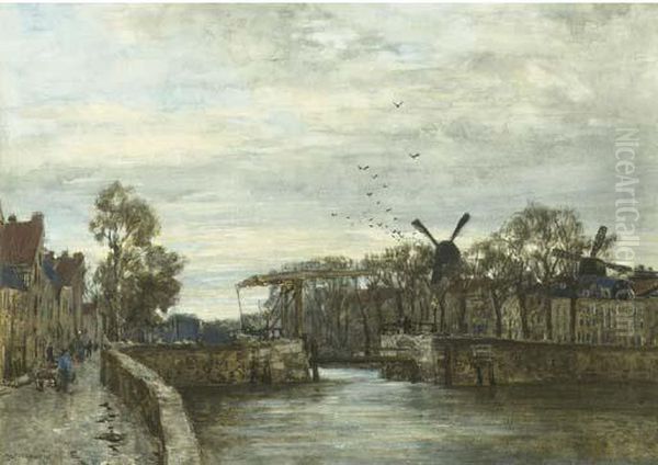 Drawbridge At Delftshaven Oil Painting by Johann Hendrik Van Mastenbroek