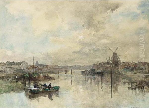 A Canal Scene Oil Painting by Johann Hendrik Van Mastenbroek