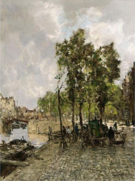 Along The Canal Oil Painting by Johann Hendrik Van Mastenbroek