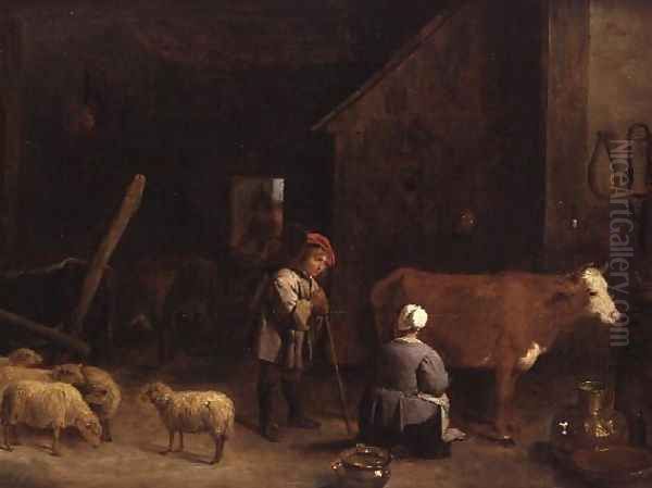 A Shepherd Boy talking to a milkmaid in a cowshed Oil Painting by David The Younger Teniers