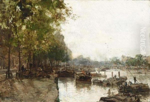 A View Of The Leuvehaven, Rotterdam Oil Painting by Johann Hendrik Van Mastenbroek