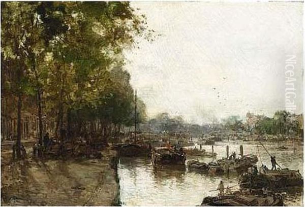 A View Of The Leuvehaven Oil Painting by Johann Hendrik Van Mastenbroek