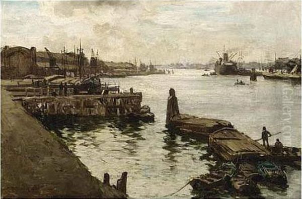 Rotterdam Harbour Oil Painting by Johann Hendrik Van Mastenbroek