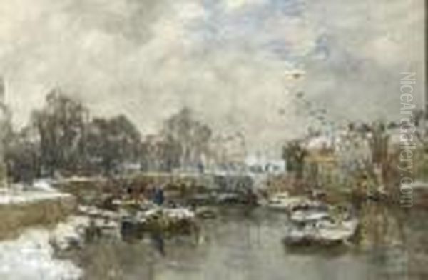 A Harbour In Winter Oil Painting by Johann Hendrik Van Mastenbroek