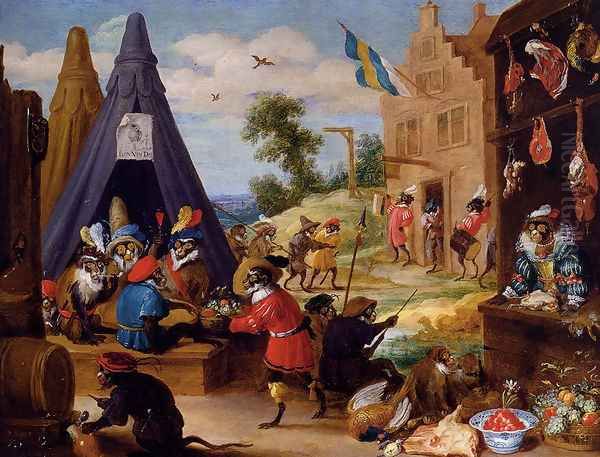 A Festival Of Monkeys (or Monkeys Dressed As Soldiers In An Encampment Near A Town) Oil Painting by David The Younger Teniers