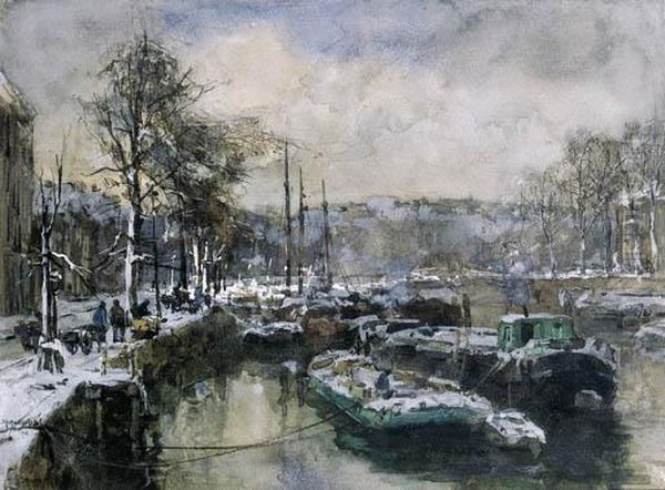 Barges In A Canal In Rotterdam In Winter Oil Painting by Johann Hendrik Van Mastenbroek