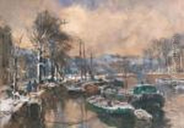 Canal, Wintertime Oil Painting by Johann Hendrik Van Mastenbroek