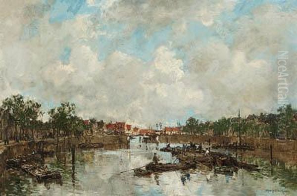 Canal With Barges Oil Painting by Johann Hendrik Van Mastenbroek