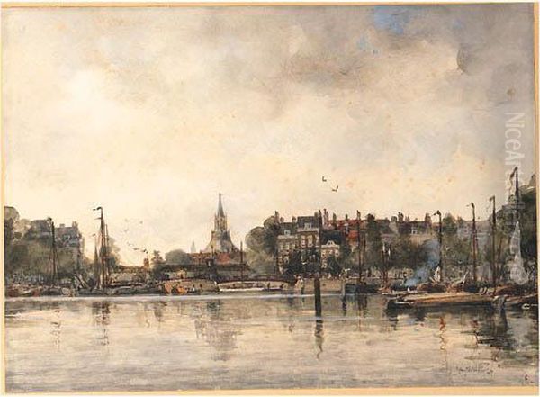 A Townview With Moored Vessels Along A Quay Oil Painting by Johann Hendrik Van Mastenbroek