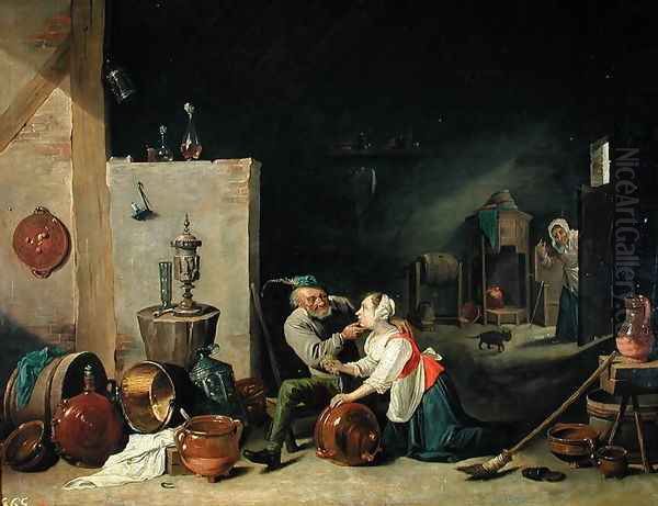 The Old Man and the Servant, 1800 Oil Painting by David The Younger Teniers